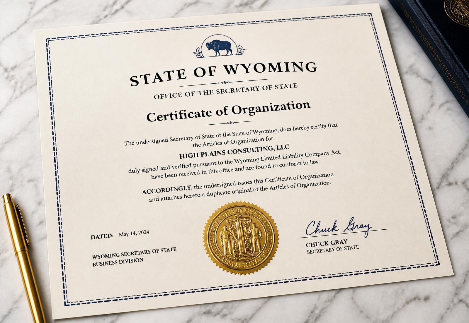 Certificate of Organization officiel de l'État de Wyoming